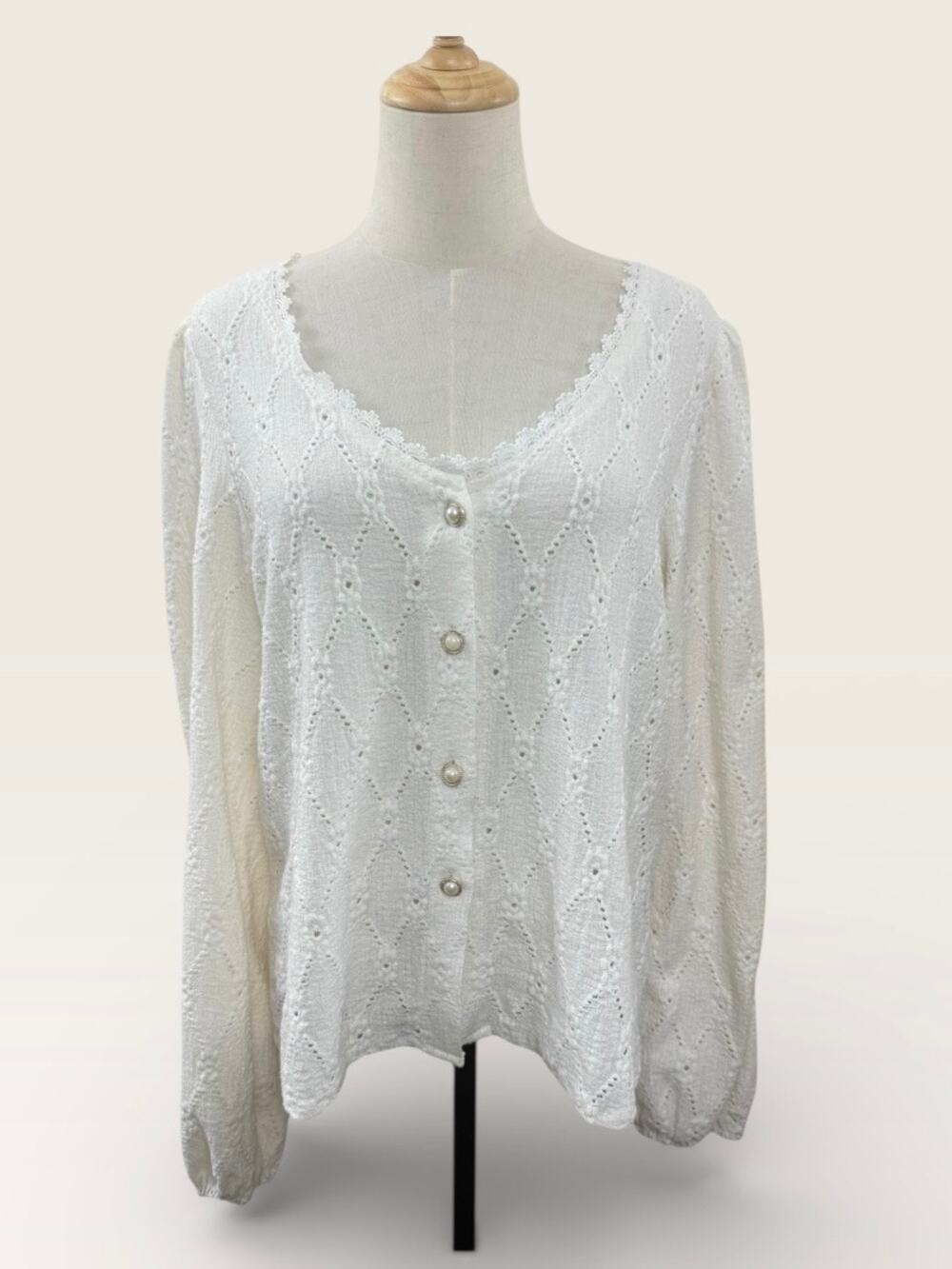 Cream Diamond Knit Cardigan with Lace Detail and Pearl Buttons, Size M